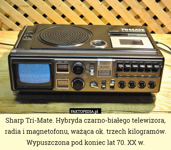 Sharp Tri-Mate. Hybryda czarno-białego telewizora, radia i magnetofonu, ważąca ok. trzech kilogramów. Wypuszczona pod koniec lat 70. XX w. 