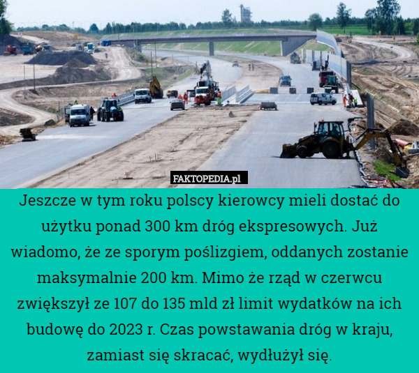 Jeszcze w tym roku polscy kierowcy mieli dostać do użytku ponad 300 km dróg ekspresowych. Już wiadomo, że ze sporym poślizgiem, oddanych zostanie maksymalnie 200 km. Mimo że rząd w czerwcu zwiększył ze 107 do 135 mld zł limit wydatków na ich budowę do 2023 r. Czas powstawania dróg w kraju, zamiast się skracać, wydłużył się. 