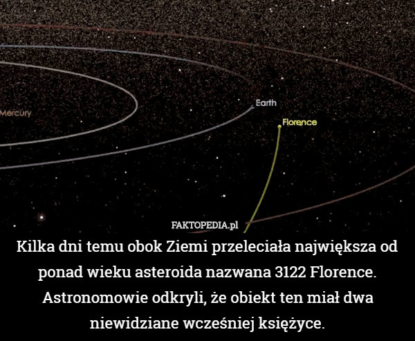 Kilka dni temu obok Ziemi przeleciała największa od ponad wieku asteroida nazwana 3122 Florence. Astronomowie odkryli, że obiekt ten miał dwa niewidziane wcześniej księżyce. 