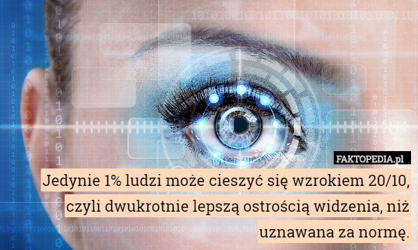 Jedynie 1% ludzi może cieszyć się wzrokiem 20/10, czyli dwukrotnie lepszą ostrością widzenia, niż uznawana za normę. 
