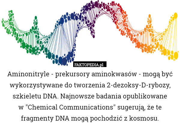 Aminonitryle - prekursory aminokwasów - mogą być wykorzystywane do tworzenia 2-dezoksy-D-rybozy, szkieletu DNA. Najnowsze badania opublikowane
 w "Chemical Communications" sugerują, że te fragmenty DNA mogą pochodzić z kosmosu. 