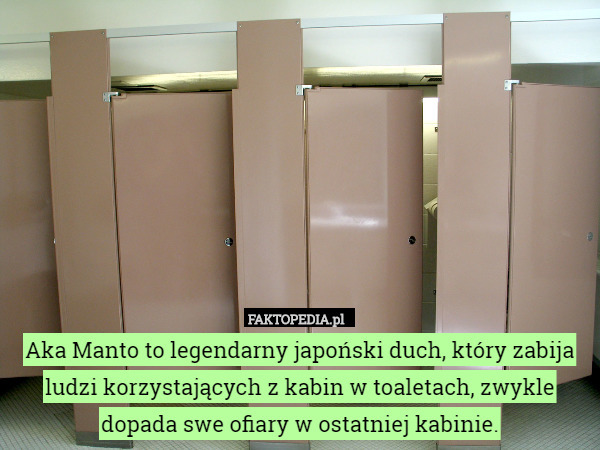 Aka Manto to legendarny japoński duch, który zabija ludzi korzystających z kabin w toaletach, zwykle dopada swe ofiary w ostatniej kabinie. 