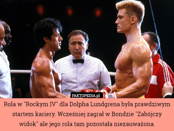 Rola w "Rockym IV" dla Dolpha Lundgrena była prawdziwym startem kariery. Wcześniej zagrał w Bondzie "Zabójczy widok" ale jego rola tam pozostała niezauważona. 