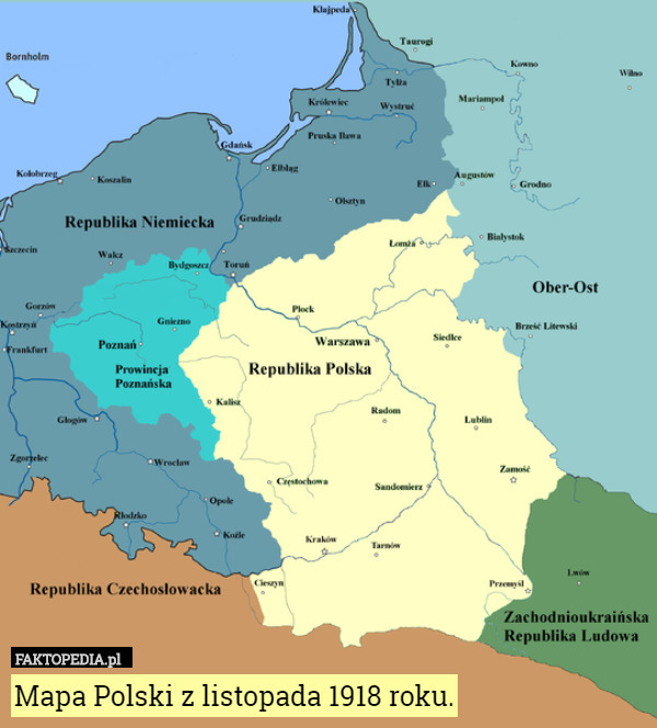 Mapa Polski z listopada 1918 roku. 