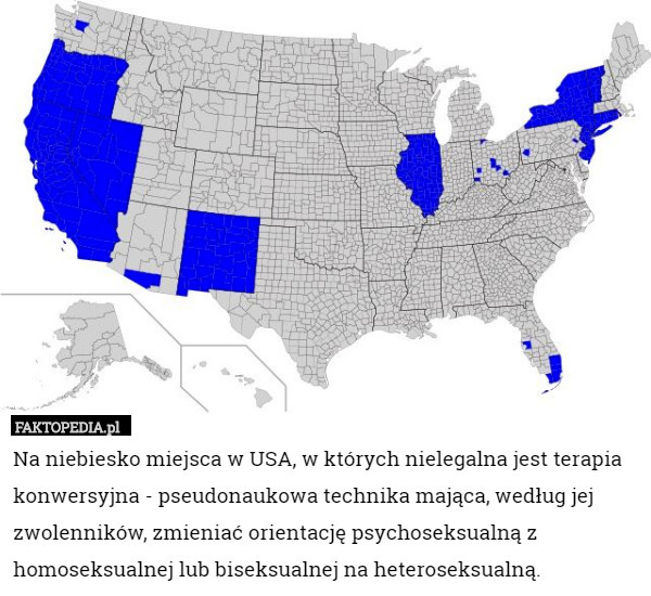 Na niebiesko miejsca w USA, w których nielegalna jest terapia konwersyjna - pseudonaukowa technika mająca, według jej zwolenników, zmieniać orientację psychoseksualną z homoseksualnej lub biseksualnej na heteroseksualną. 