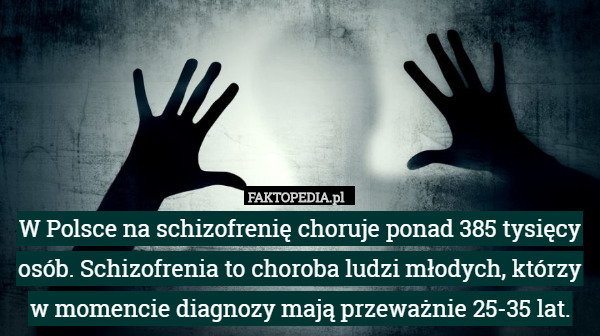 W Polsce na schizofrenię choruje ponad 385 tysięcy osób. Schizofrenia to choroba ludzi młodych, którzy w momencie diagnozy mają przeważnie 25-35 lat. 