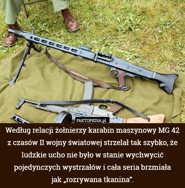 Według relacji żołnierzy karabin maszynowy MG 42 z czasów II wojny światowej strzelał tak szybko, że ludzkie ucho nie było w stanie wychwycić pojedynczych wystrzałów i cała seria brzmiała
jak „rozrywana tkanina”. 