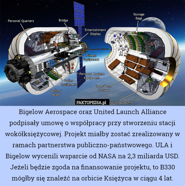 Bigelow Aerospace oraz United Launch Alliance podpisały umowę o współpracy przy stworzeniu stacji wokółksiężycowej. Projekt miałby zostać zrealizowany w ramach partnerstwa publiczno-państwowego. ULA i Bigelow wycenili wsparcie od NASA na 2,3 miliarda USD. Jeżeli będzie zgoda na finansowanie projektu, to B330 mógłby się znaleźć na orbicie Księżyca w ciągu 4 lat. 