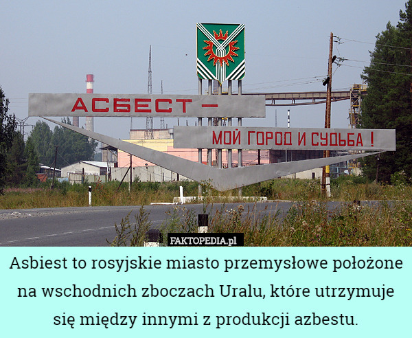 Asbiest to rosyjskie miasto przemysłowe położone
na wschodnich zboczach Uralu, które utrzymuje się między innymi z produkcji azbestu. 