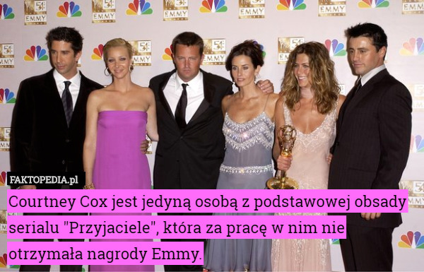 Courtney Cox jest jedyną osobą z podstawowej obsady serialu "Przyjaciele", która za pracę w nim nie otrzymała nagrody Emmy. 
