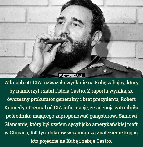 W latach 60. CIA rozważała wysłanie na Kubę zabójcy, który by namierzył i zabił Fidela Castro. Z raportu wynika, że ówczesny prokurator generalny i brat prezydenta, Robert Kennedy otrzymał od CIA informację, że agencja zatrudniła pośrednika mającego zaproponować gangsterowi Samowi Giancanie, który był szefem sycylijsko amerykańskiej mafii w Chicago, 150 tys. dolarów w zamian za znalezienie kogoś, kto pojedzie na Kubę i zabije Castro. 