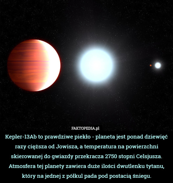 Kepler-13Ab to prawdziwe piekło - planeta jest ponad dziewięć razy cięższa od Jowisza, a temperatura na powierzchni skierowanej do gwiazdy przekracza 2750 stopni Celsjusza. Atmosfera tej planety zawiera duże ilości dwutlenku tytanu, który na jednej z półkul pada pod postacią śniegu. 