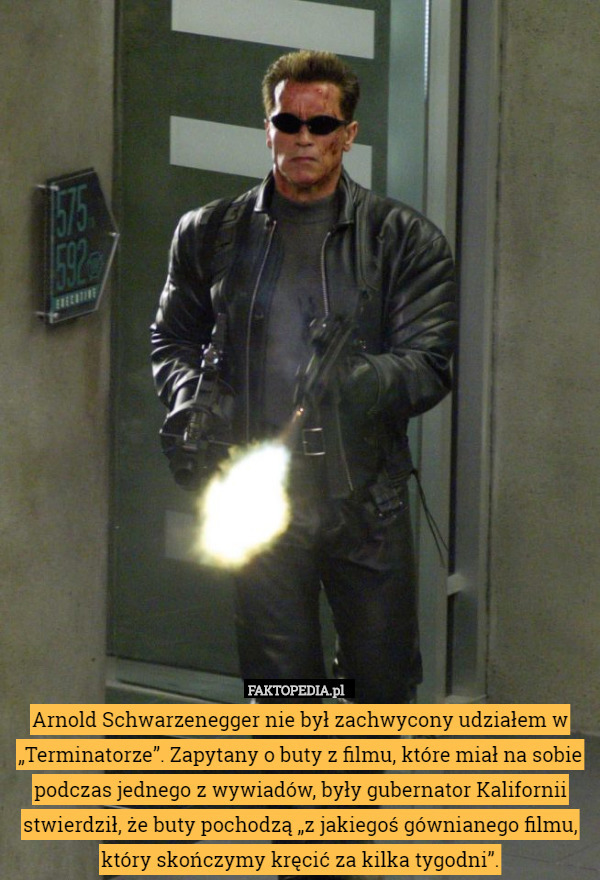 Arnold Schwarzenegger nie był zachwycony udziałem w „Terminatorze”. Zapytany o buty z filmu, które miał na sobie podczas jednego z wywiadów, były gubernator Kalifornii stwierdził, że buty pochodzą „z jakiegoś gównianego filmu, który skończymy kręcić za kilka tygodni”. 