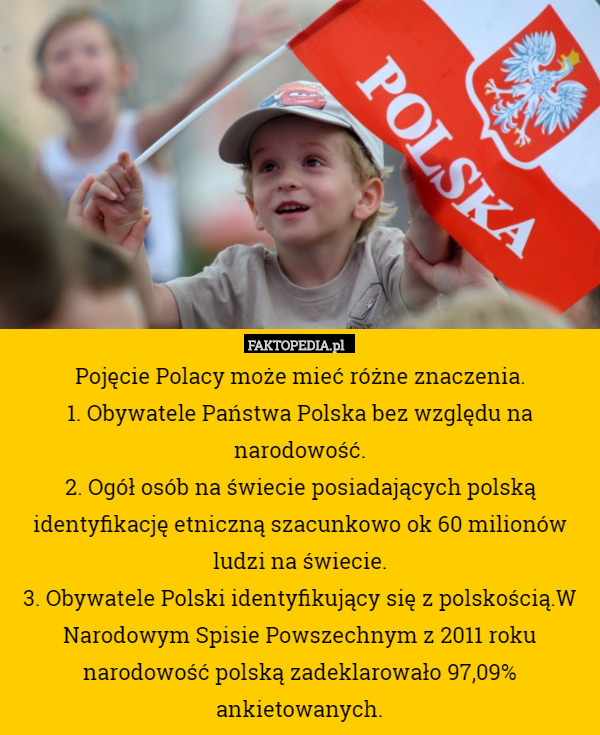 Pojęcie Polacy może mieć różne znaczenia.
1. Obywatele Państwa Polska bez względu na narodowość.
2. Ogół osób na świecie posiadających polską identyfikację etniczną szacunkowo ok 60 milionów ludzi na świecie.
3. Obywatele Polski identyfikujący się z polskością.W Narodowym Spisie Powszechnym z 2011 roku narodowość polską zadeklarowało 97,09% ankietowanych. 