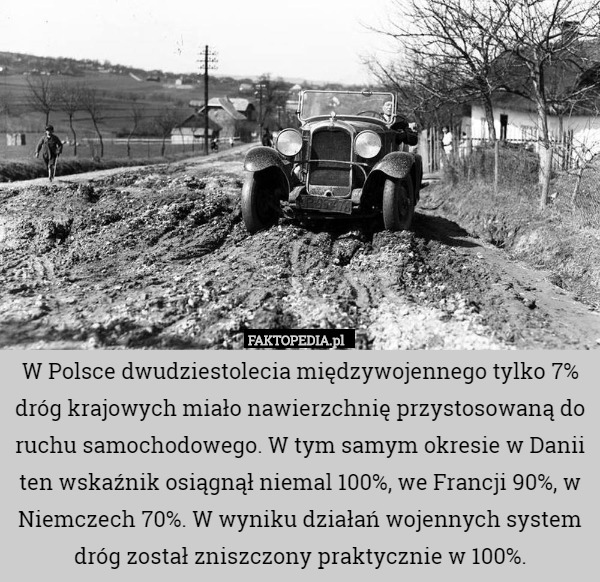W Polsce dwudziestolecia międzywojennego tylko 7% dróg krajowych miało nawierzchnię przystosowaną do ruchu samochodowego. W tym samym okresie w Danii ten wskaźnik osiągnął niemal 100%, we Francji 90%, w Niemczech 70%. W wyniku działań wojennych system dróg został zniszczony praktycznie w 100%. 