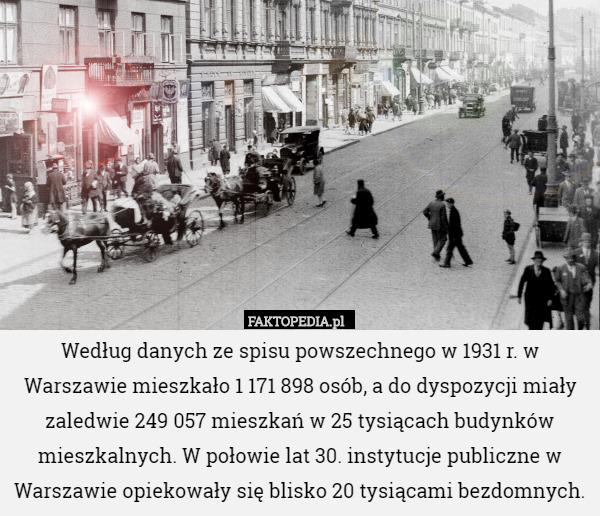 Według danych ze spisu powszechnego w 1931 r. w Warszawie mieszkało 1 171 898 osób, a do dyspozycji miały zaledwie 249 057 mieszkań w 25 tysiącach budynków mieszkalnych. W połowie lat 30. instytucje publiczne w Warszawie opiekowały się blisko 20 tysiącami bezdomnych. 