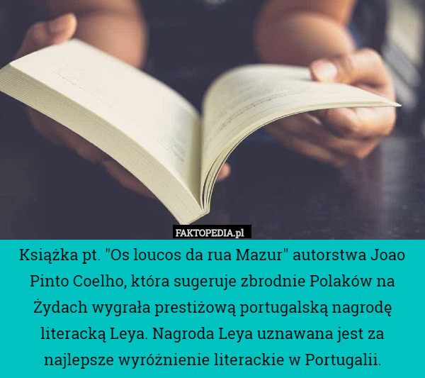 Książka pt. "Os loucos da rua Mazur" autorstwa Joao Pinto Coelho, która sugeruje zbrodnie Polaków na Żydach wygrała prestiżową portugalską nagrodę literacką Leya. Nagroda Leya uznawana jest za najlepsze wyróżnienie literackie w Portugalii. 
