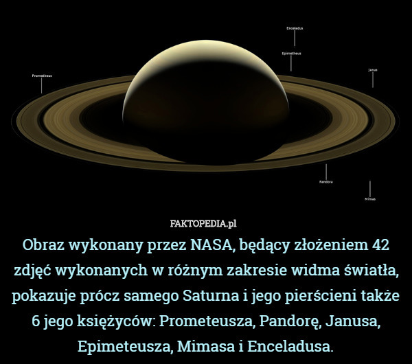 Obraz wykonany przez NASA, będący złożeniem 42 zdjęć wykonanych w różnym zakresie widma światła, pokazuje prócz samego Saturna i jego pierścieni także 6 jego księżyców: Prometeusza, Pandorę, Janusa, Epimeteusza, Mimasa i Enceladusa. 