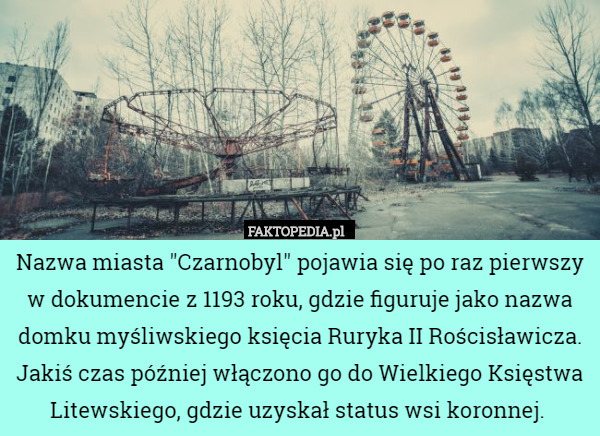 Nazwa miasta "Czarnobyl" pojawia się po raz pierwszy w dokumencie z 1193 roku, gdzie figuruje jako nazwa domku myśliwskiego księcia Ruryka II Rościsławicza. Jakiś czas później włączono go do Wielkiego Księstwa Litewskiego, gdzie uzyskał status wsi koronnej. 