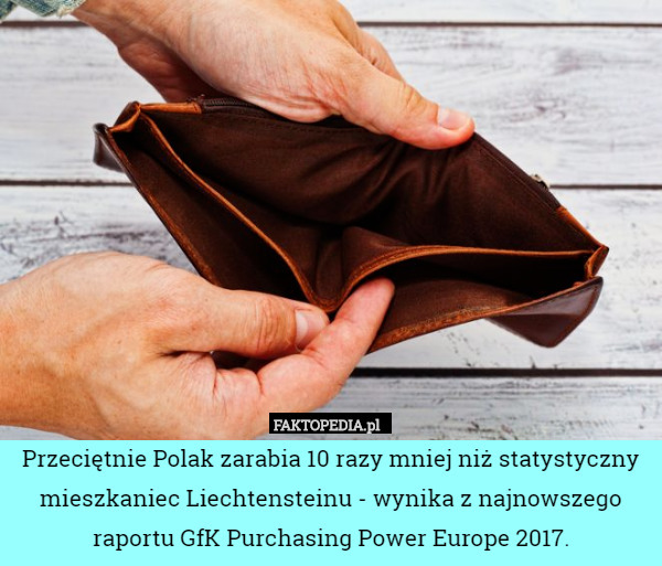 Przeciętnie Polak zarabia 10 razy mniej niż statystyczny mieszkaniec Liechtensteinu - wynika z najnowszego raportu GfK Purchasing Power Europe 2017. 