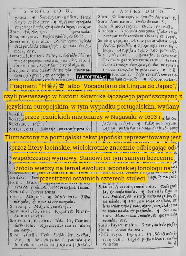 Fragment "日葡辞書" albo "Vocabulário da Língua do Japão", czyli pierwszego w historii słownika łączącego japońszczyznę z językiem europejskim, w tym wypadku portugalskim, wydany przez jezuickich misjonarzy w Nagasaki w 1603 r.

Tłumaczony na portugalski tekst japoński reprezentowany jest przez litery łacińskie, wielokrotnie znacznie odbiegając od współczesnej wymowy. Stanowi on tym samym bezcenne źródło wiedzy na temat ewolucji japońskiej fonologii na przestrzeni ostatnich czterech stuleci. 