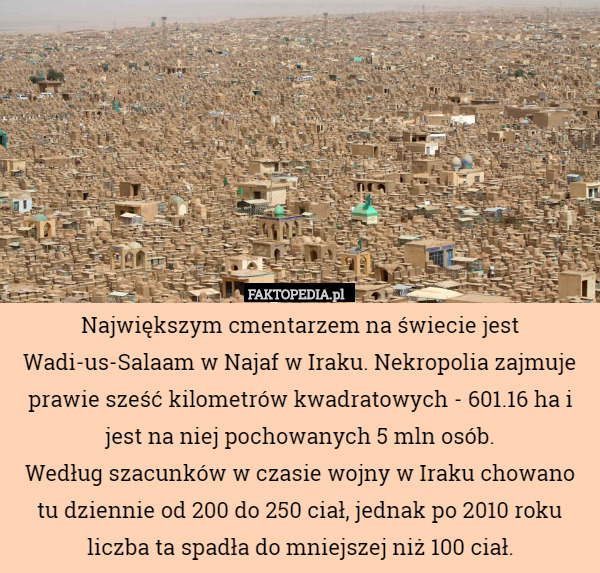 Największym cmentarzem na świecie jest Wadi-us-Salaam w Najaf w Iraku. Nekropolia zajmuje prawie sześć kilometrów kwadratowych - 601.16 ha i jest na niej pochowanych 5 mln osób.
Według szacunków w czasie wojny w Iraku chowano tu dziennie od 200 do 250 ciał, jednak po 2010 roku liczba ta spadła do mniejszej niż 100 ciał. 