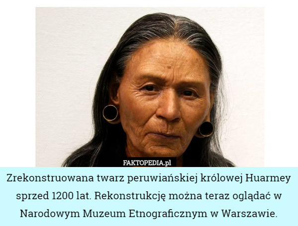 Zrekonstruowana twarz peruwiańskiej królowej Huarmey sprzed 1200 lat. Rekonstrukcję można teraz oglądać w Narodowym Muzeum Etnograficznym w Warszawie. 
