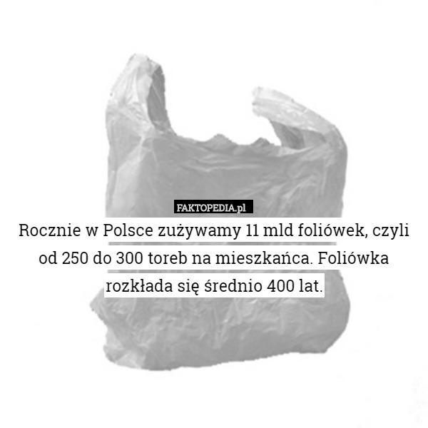 Rocznie w Polsce zużywamy 11 mld foliówek, czyli od 250 do 300 toreb na mieszkańca. Foliówka rozkłada się średnio 400 lat. 