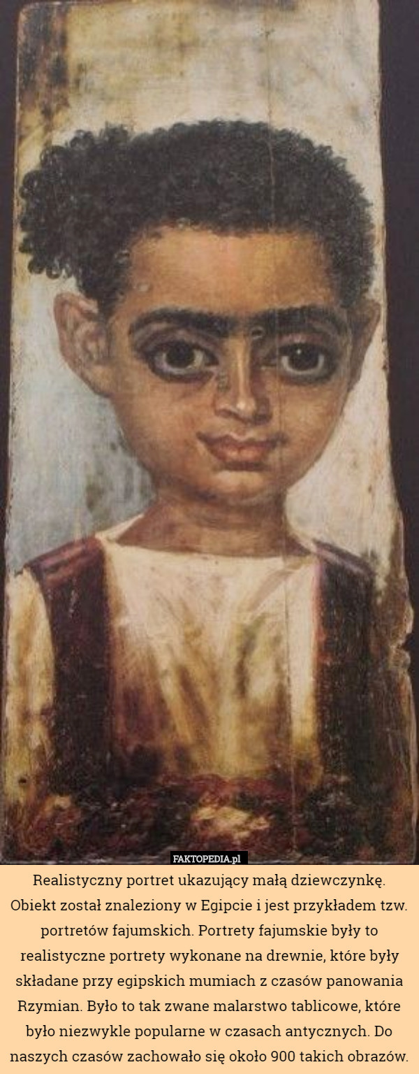 Realistyczny portret ukazujący małą dziewczynkę. Obiekt został znaleziony w Egipcie i jest przykładem tzw. portretów fajumskich. Portrety fajumskie były to realistyczne portrety wykonane na drewnie, które były składane przy egipskich mumiach z czasów panowania Rzymian. Było to tak zwane malarstwo tablicowe, które było niezwykle popularne w czasach antycznych. Do naszych czasów zachowało się około 900 takich obrazów. 