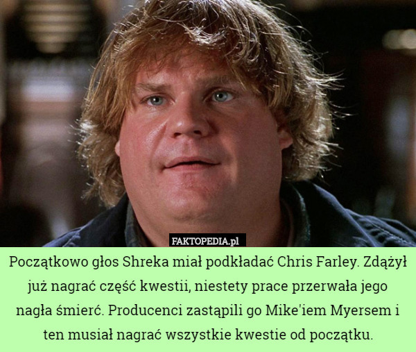 Początkowo głos Shreka miał podkładać Chris Farley. Zdążył już nagrać część kwestii, niestety prace przerwała jego nagła śmierć. Producenci zastąpili go Mike'iem Myersem i ten musiał nagrać wszystkie kwestie od początku. 