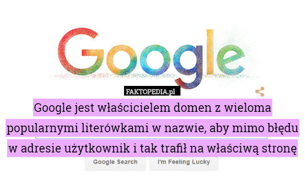 Google jest właścicielem domen z wieloma popularnymi literówkami w nazwie, aby mimo błędu w adresie użytkownik i tak trafił na właściwą stronę 