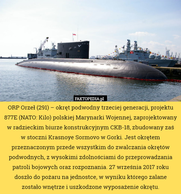 ORP Orzeł (291) – okręt podwodny trzeciej generacji, projektu 877E (NATO: Kilo) polskiej Marynarki Wojennej, zaprojektowany w radzieckim biurze konstrukcyjnym CKB-18, zbudowany zaś
 w stoczni Krasnoye Sormovo w Gorki. Jest okrętem przeznaczonym przede wszystkim do zwalczania okrętów podwodnych, z wysokimi zdolnościami do przeprowadzania patroli bojowych oraz rozpoznania. 27 września 2017 roku doszło do pożaru na jednostce, w wyniku którego zalane
 zostało wnętrze i uszkodzone wyposażenie okrętu. 