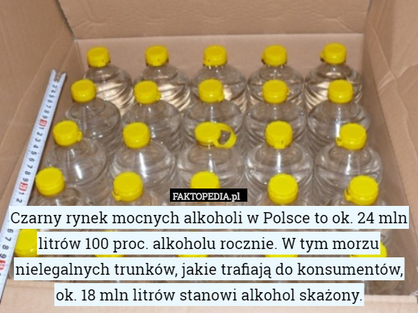Czarny rynek mocnych alkoholi w Polsce to ok. 24 mln litrów 100 proc. alkoholu rocznie. W tym morzu nielegalnych trunków, jakie trafiają do konsumentów, ok. 18 mln litrów stanowi alkohol skażony. 
