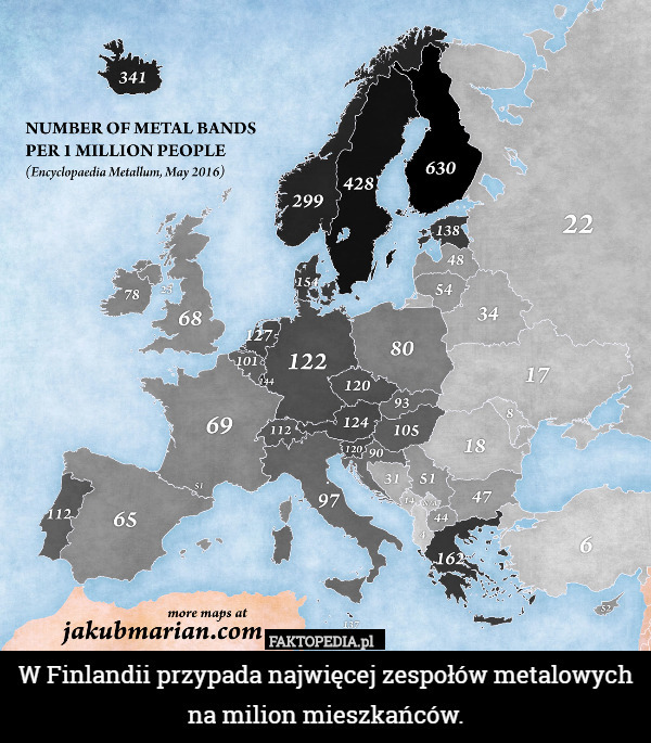 W Finlandii przypada najwięcej zespołów metalowych na milion mieszkańców. 