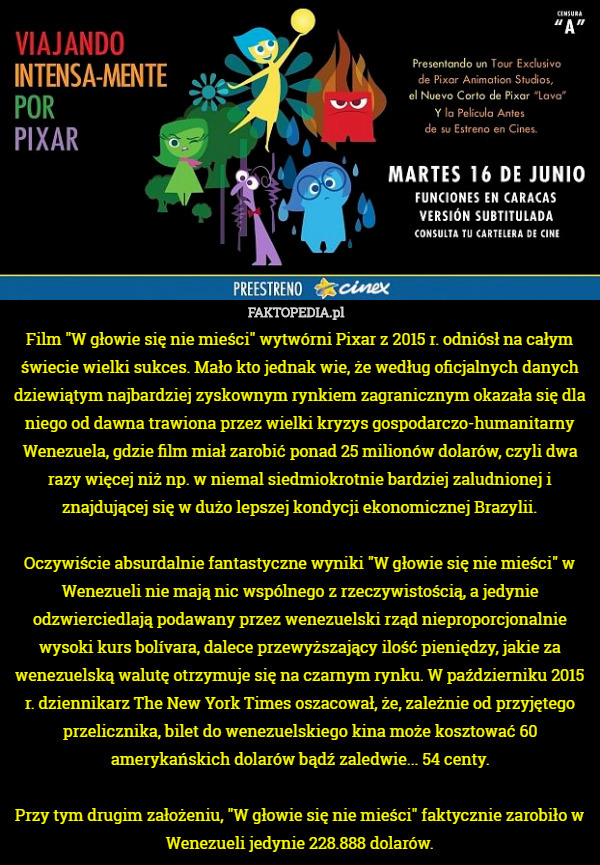 Film "W głowie się nie mieści" wytwórni Pixar z 2015 r. odniósł na całym świecie wielki sukces. Mało kto jednak wie, że według oficjalnych danych dziewiątym najbardziej zyskownym rynkiem zagranicznym okazała się dla niego od dawna trawiona przez wielki kryzys gospodarczo-humanitarny Wenezuela, gdzie film miał zarobić ponad 25 milionów dolarów, czyli dwa razy więcej niż np. w niemal siedmiokrotnie bardziej zaludnionej i znajdującej się w dużo lepszej kondycji ekonomicznej Brazylii.

Oczywiście absurdalnie fantastyczne wyniki "W głowie się nie mieści" w Wenezueli nie mają nic wspólnego z rzeczywistością, a jedynie odzwierciedlają podawany przez wenezuelski rząd nieproporcjonalnie wysoki kurs bolívara, dalece przewyższający ilość pieniędzy, jakie za wenezuelską walutę otrzymuje się na czarnym rynku. W październiku 2015 r. dziennikarz The New York Times oszacował, że, zależnie od przyjętego przelicznika, bilet do wenezuelskiego kina może kosztować 60 amerykańskich dolarów bądź zaledwie... 54 centy.

Przy tym drugim założeniu, "W głowie się nie mieści" faktycznie zarobiło w Wenezueli jedynie 228.888 dolarów. 