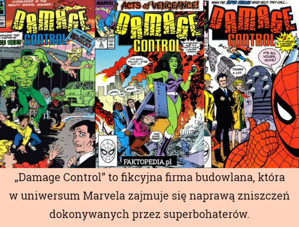 „Damage Control” to fikcyjna firma budowlana, która
w uniwersum Marvela zajmuje się naprawą zniszczeń dokonywanych przez superbohaterów. 