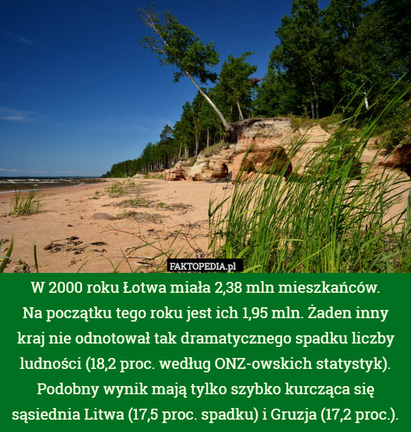 W 2000 roku Łotwa miała 2,38 mln mieszkańców.
 Na początku tego roku jest ich 1,95 mln. Żaden inny kraj nie odnotował tak dramatycznego spadku liczby ludności (18,2 proc. według ONZ-owskich statystyk). Podobny wynik mają tylko szybko kurcząca się sąsiednia Litwa (17,5 proc. spadku) i Gruzja (17,2 proc.). 