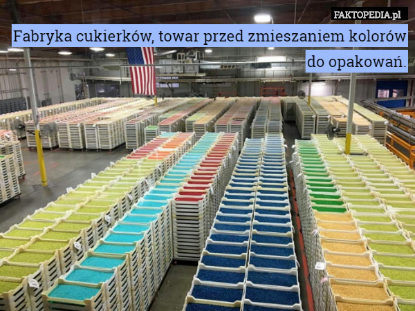 Fabryka cukierków, towar przed zmieszaniem kolorów do opakowań. 