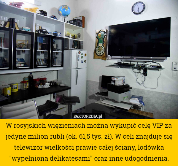 W rosyjskich więzieniach można wykupić celę VIP za jedyne milion rubli (ok. 61,5 tys. zł). W celi znajduje się telewizor wielkości prawie całej ściany, lodówka "wypełniona delikatesami" oraz inne udogodnienia. 