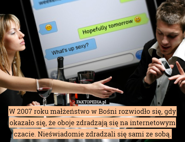 W 2007 roku małżeństwo w Bośni rozwiodło się, gdy okazało się, że oboje zdradzają się na internetowym czacie. Nieświadomie zdradzali się sami ze sobą. 