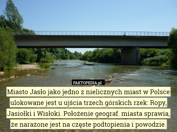 Miasto Jasło jako jedno z nielicznych miast w Polsce ulokowane jest u ujścia trzech górskich rzek: Ropy, Jasiołki i Wisłoki. Położenie geograf. miasta sprawia, że narażone jest na częste podtopienia i powodzie. 