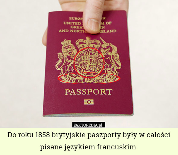 Do roku 1858 brytyjskie paszporty były w całości pisane językiem francuskim. 
