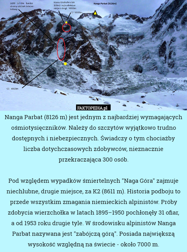 Nanga Parbat (8126 m) jest jednym z najbardziej wymagających ośmiotysięczników. Należy do szczytów wyjątkowo trudno dostępnych i niebezpiecznych. Świadczy o tym chociażby liczba dotychczasowych zdobywców, nieznacznie przekraczająca 300 osób.

Pod względem wypadków śmiertelnych "Naga Góra" zajmuje niechlubne, drugie miejsce, za K2 (8611 m). Historia podboju to przede wszystkim zmagania niemieckich alpinistów. Próby zdobycia wierzchołka w latach 1895–1950 pochłonęły 31 ofiar,
 a od 1953 roku drugie tyle. W środowisku alpinistów Nanga Parbat nazywana jest "zabójczą górą". Posiada największą wysokość względną na świecie - około 7000 m. 