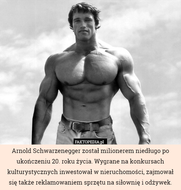 Arnold Schwarzenegger został milionerem niedługo po ukończeniu 20. roku życia. Wygrane na konkursach kulturystycznych inwestował w nieruchomości, zajmował się także reklamowaniem sprzętu na siłownię i odżywek. 
