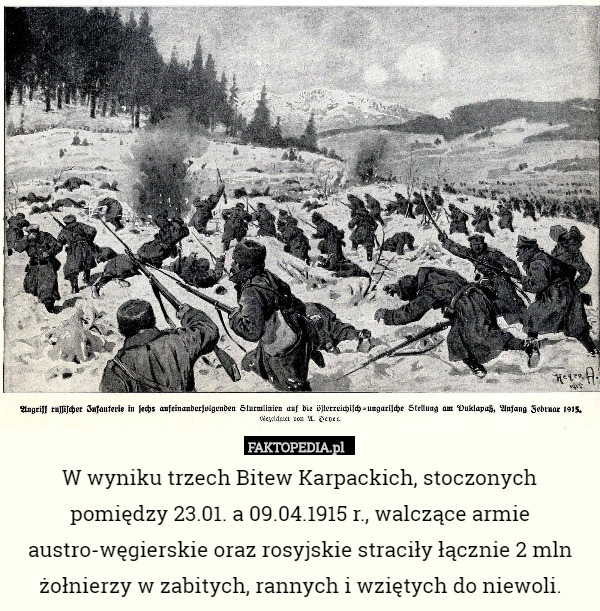 W wyniku trzech Bitew Karpackich, stoczonych pomiędzy 23.01. a 09.04.1915 r., walczące armie austro-węgierskie oraz rosyjskie straciły łącznie 2 mln żołnierzy w zabitych, rannych i wziętych do niewoli. 