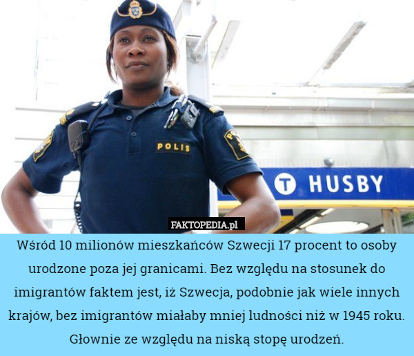 Wśród 10 milionów mieszkańców Szwecji 17 procent to osoby urodzone poza jej granicami. Bez względu na stosunek do imigrantów faktem jest, iż Szwecja, podobnie jak wiele innych krajów, bez imigrantów miałaby mniej ludności niż w 1945 roku. Głownie ze względu na niską stopę urodzeń. 
