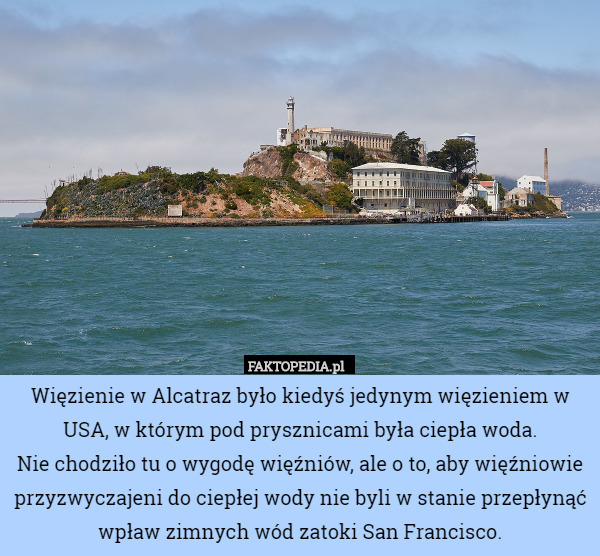 Więzienie w Alcatraz było kiedyś jedynym więzieniem w USA, w którym pod prysznicami była ciepła woda.
Nie chodziło tu o wygodę więźniów, ale o to, aby więźniowie przyzwyczajeni do ciepłej wody nie byli w stanie przepłynąć wpław zimnych wód zatoki San Francisco. 