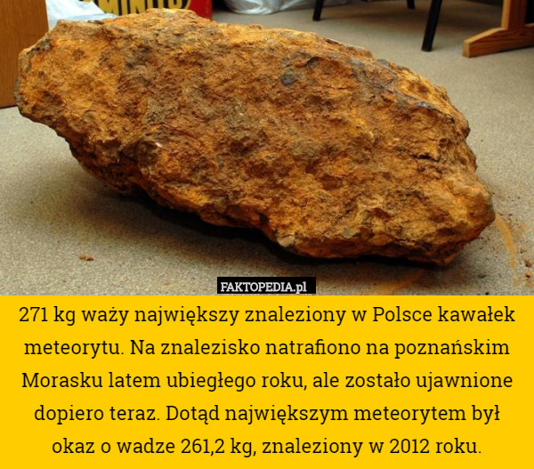 271 kg waży największy znaleziony w Polsce kawałek meteorytu. Na znalezisko natrafiono na poznańskim Morasku latem ubiegłego roku, ale zostało ujawnione dopiero teraz. Dotąd największym meteorytem był okaz o wadze 261,2 kg, znaleziony w 2012 roku. 