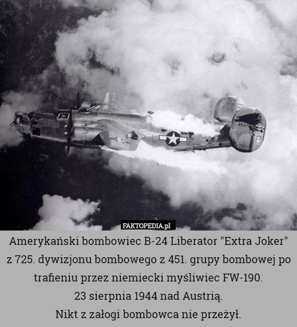 Amerykański bombowiec B-24 Liberator "Extra Joker" z 725. dywizjonu bombowego z 451. grupy bombowej po trafieniu przez niemiecki myśliwiec FW-190.
23 sierpnia 1944 nad Austrią.
Nikt z załogi bombowca nie przeżył. 