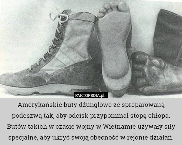 Amerykańskie buty dżunglowe ze spreparowaną podeszwą tak, aby odcisk przypominał stopę chłopa. Butów takich w czasie wojny w Wietnamie używały siły specjalne, aby ukryć swoją obecność w rejonie działań. 